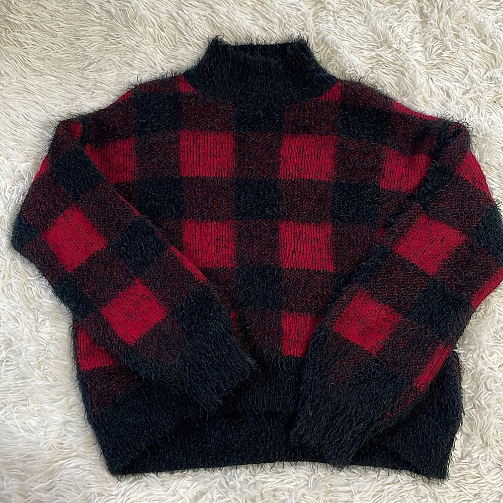 Buffalo Plaid Fuzzy Soft Mock Neck Sweater - It’s Our Time